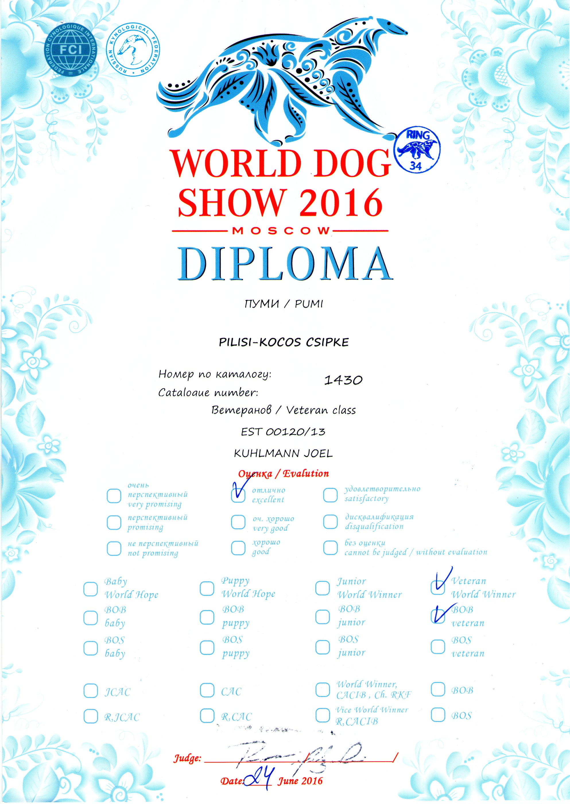 WORLD DOG SHOW 2016 MOSCOW - Diploma Pumi Pilisi-Kocos Csipke