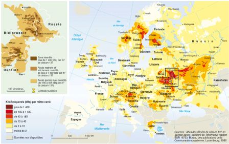 Tchernobyl-carte de la contamination des sols de l'Europe au césium 137 - Sources : Rapport EUR 16733, Bureau des publications de la Communauté européenne, Luxembourg, 1996.