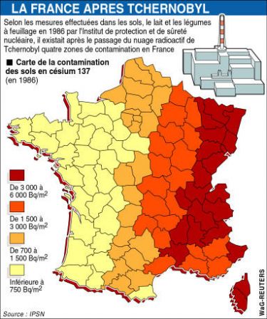 Tchernobyl-carte de la contamination des sols de France au césium 137