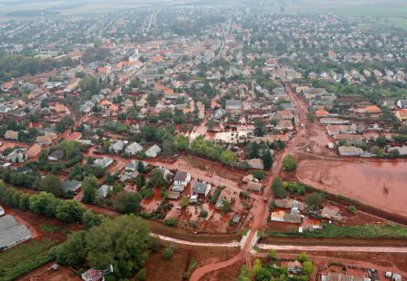 An aerial view of the red mud covering streets and neighborhood of Kolontar, Hungary, taken on Tuesday, Oct. 5, 2010. (AP Photo/MTI, Gyoergy Varga)