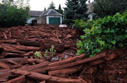 Logs carried in by the flooding toxic mud cover a yard in the town of Devecser, Hungary on Tuesday, Oct. 5, 2010. (AP Photo/Bela Szandelszky)